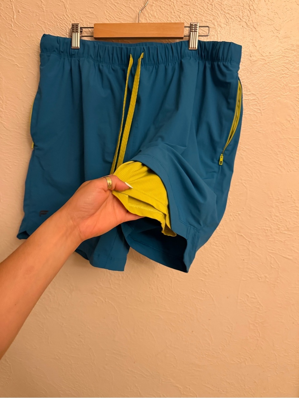 Fabletics Teal Athletic Shorts with Yellow Drawstring - Picture 5 of 9